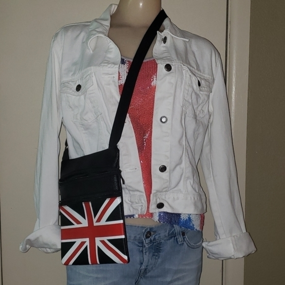 Union Jack‎ ensemble, sequins tank, purse, jacket